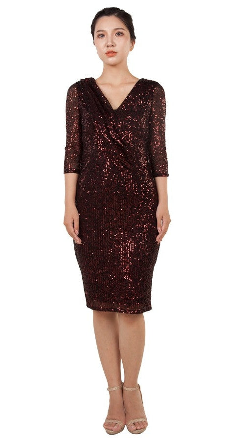 Miss Anne Mid-sleeve Ruched Sequin Dress 222257