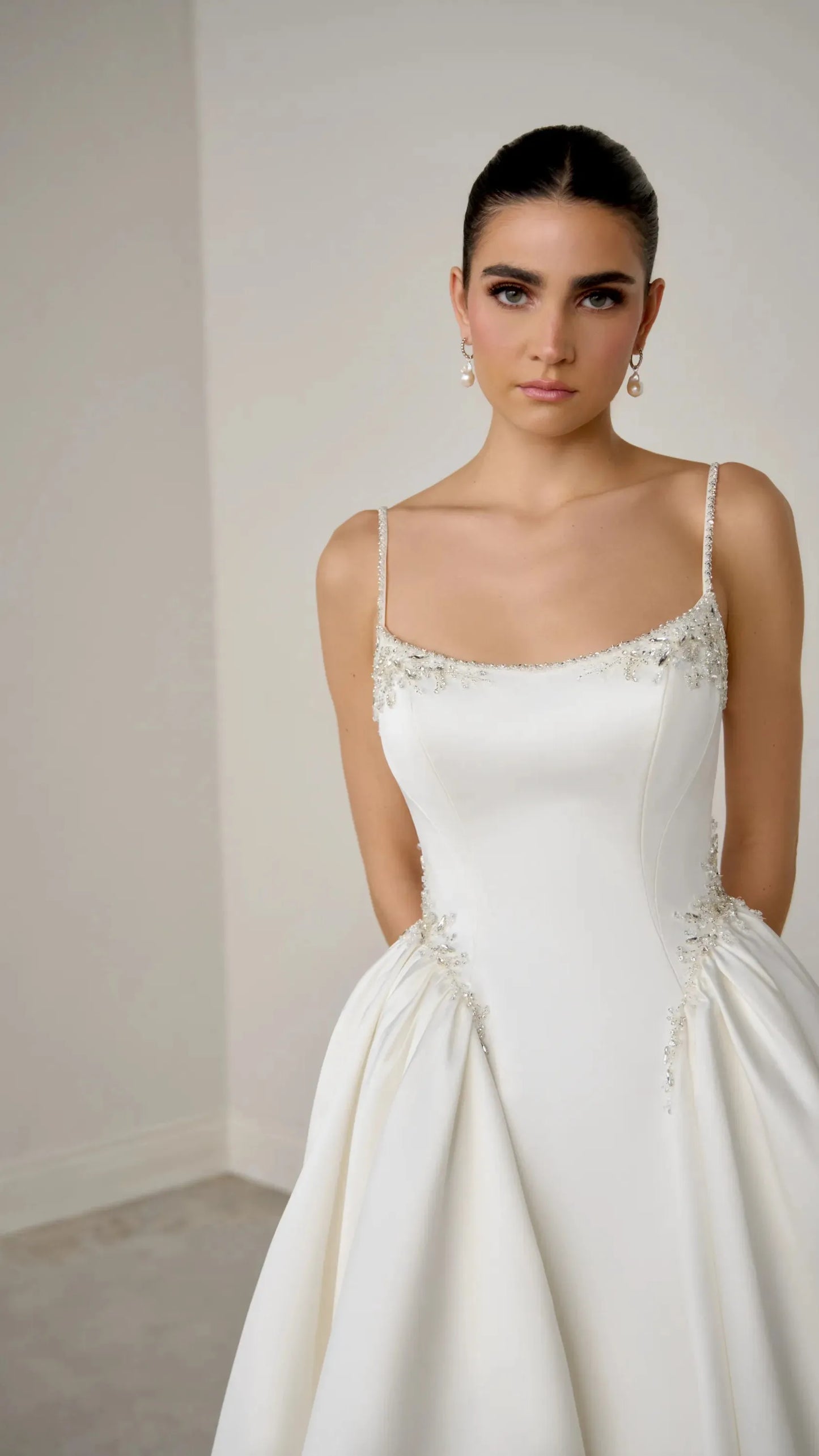 Justin Alexander Riviera Satin Ball Gown with Couture Seaming and Beaded Detailing 99374