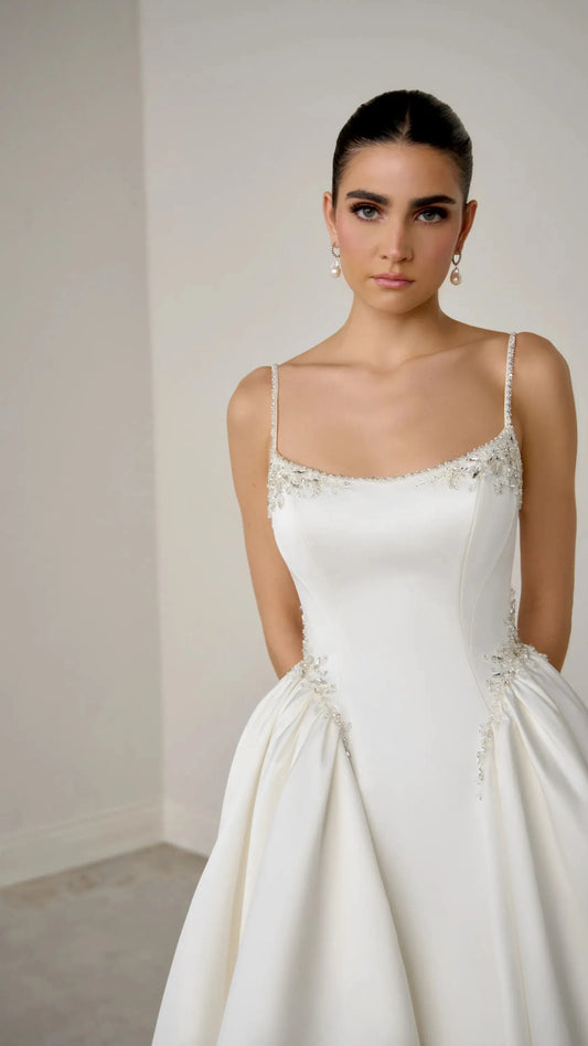 Justin Alexander Riviera Satin Ball Gown with Couture Seaming and Beaded Detailing 99374