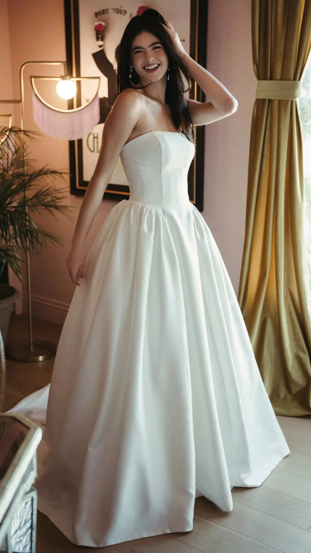 Strapless Mikado A-Line Wedding Gown with Architectural Seaming and Pockets SY8274