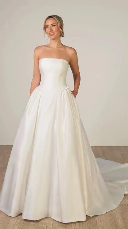 Strapless Mikado A-Line Wedding Gown with Architectural Seaming and Pockets Stella York SY8274