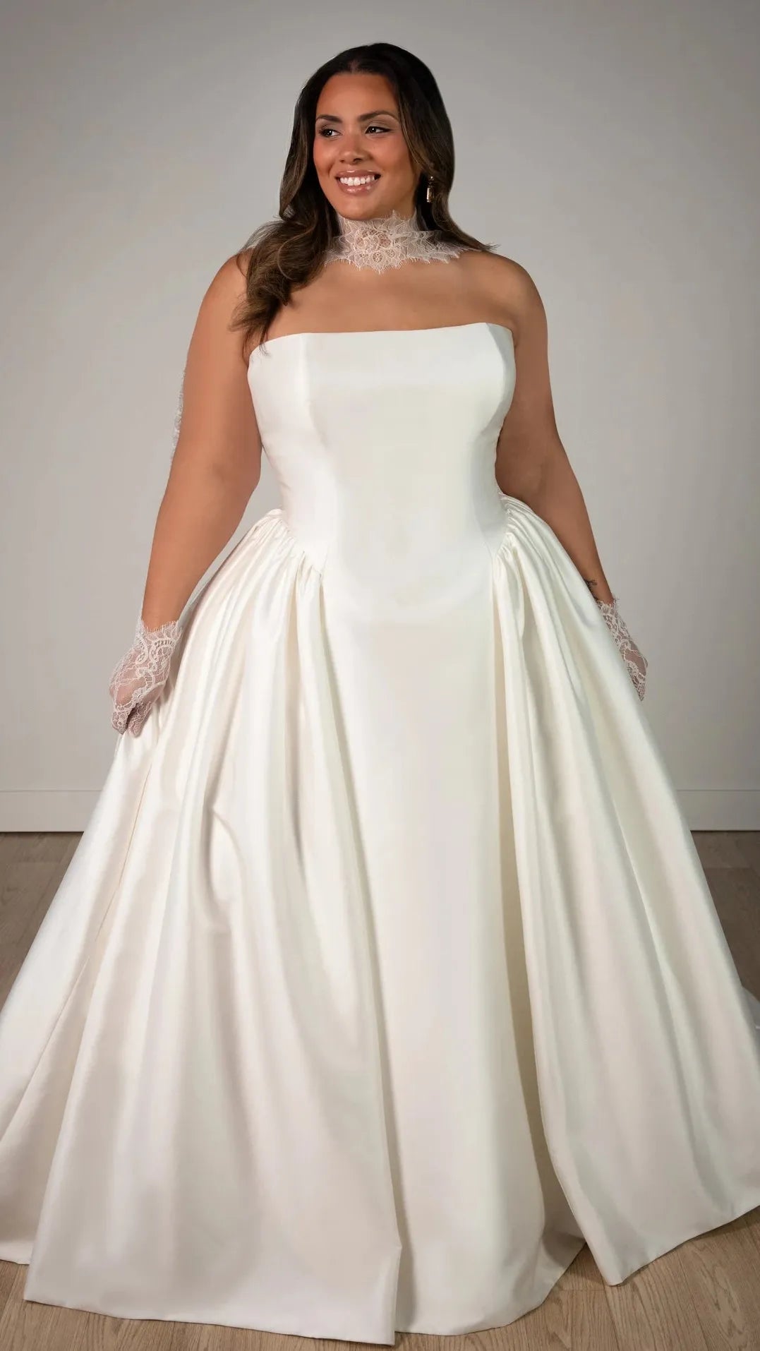 Strapless Mikado A-Line Wedding Gown with Architectural Seaming and Pockets Stella York SY8274