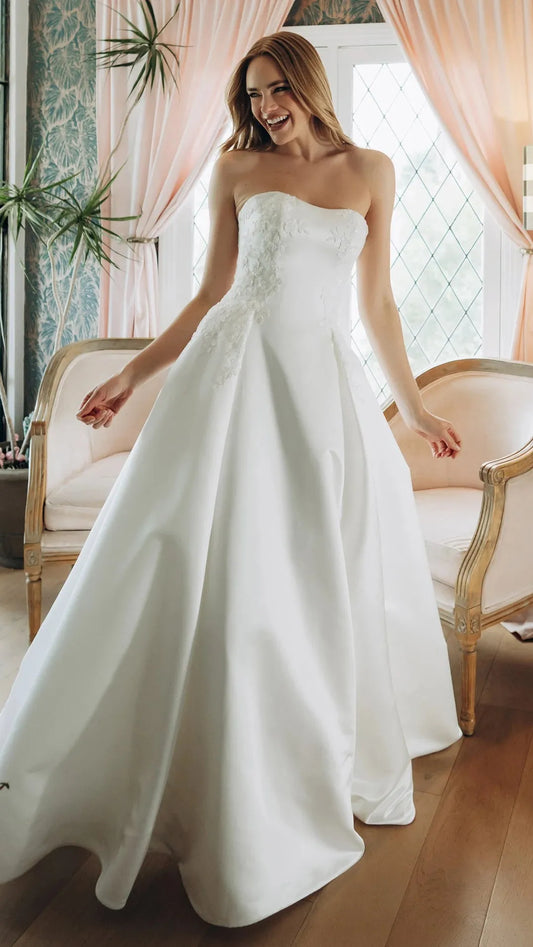 Strapless Lace and Grand Satin A-Line Wedding Gown with Scalloped Cutout Train SY8279