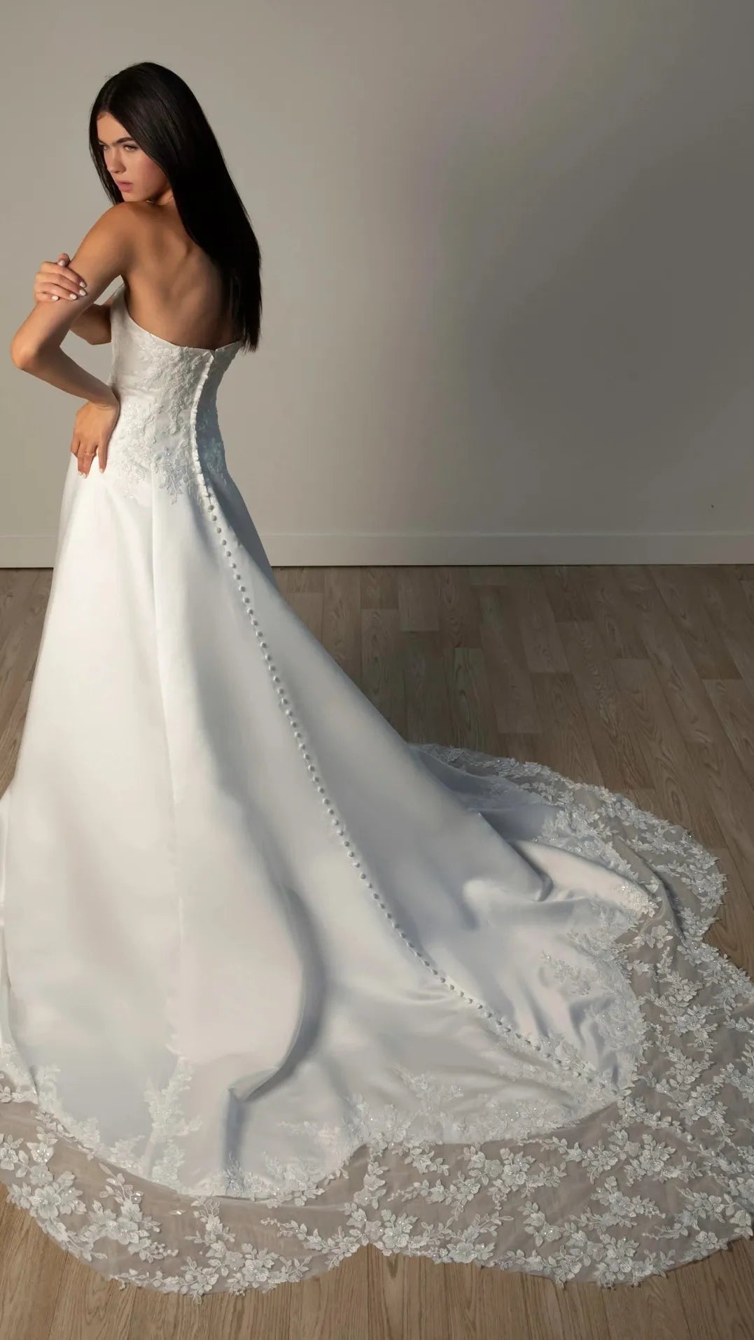 Strapless Lace and Grand Satin A-Line Wedding Gown with Scalloped Cutout Train Stella York SY8279