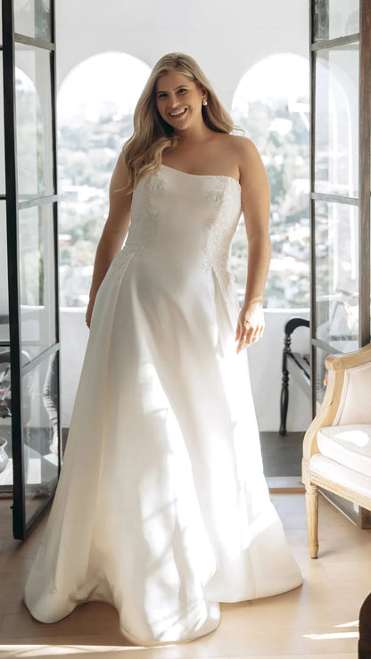 Strapless Lace and Grand Satin A-Line Wedding Gown with Scalloped Cutout Train Stella York SY8279