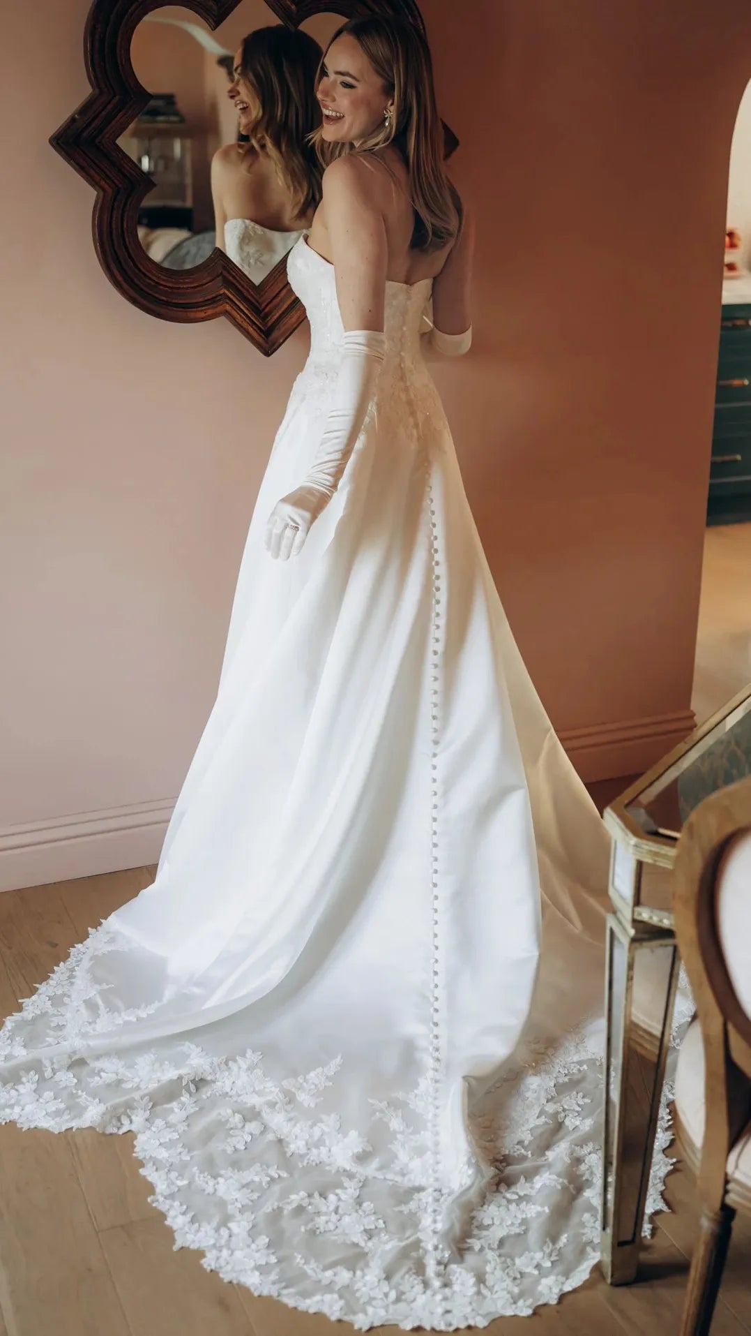 Strapless Lace and Grand Satin A-Line Wedding Gown with Scalloped Cutout Train Stella York SY8279