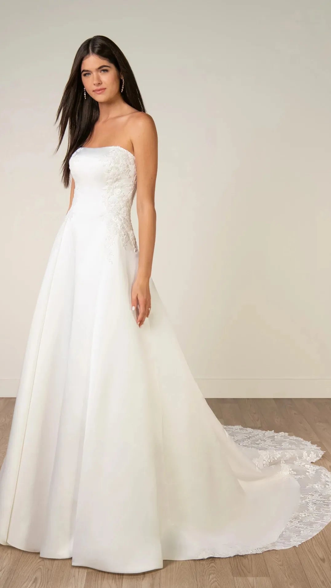 Strapless Lace and Grand Satin A-Line Wedding Gown with Scalloped Cutout Train Stella York SY8279