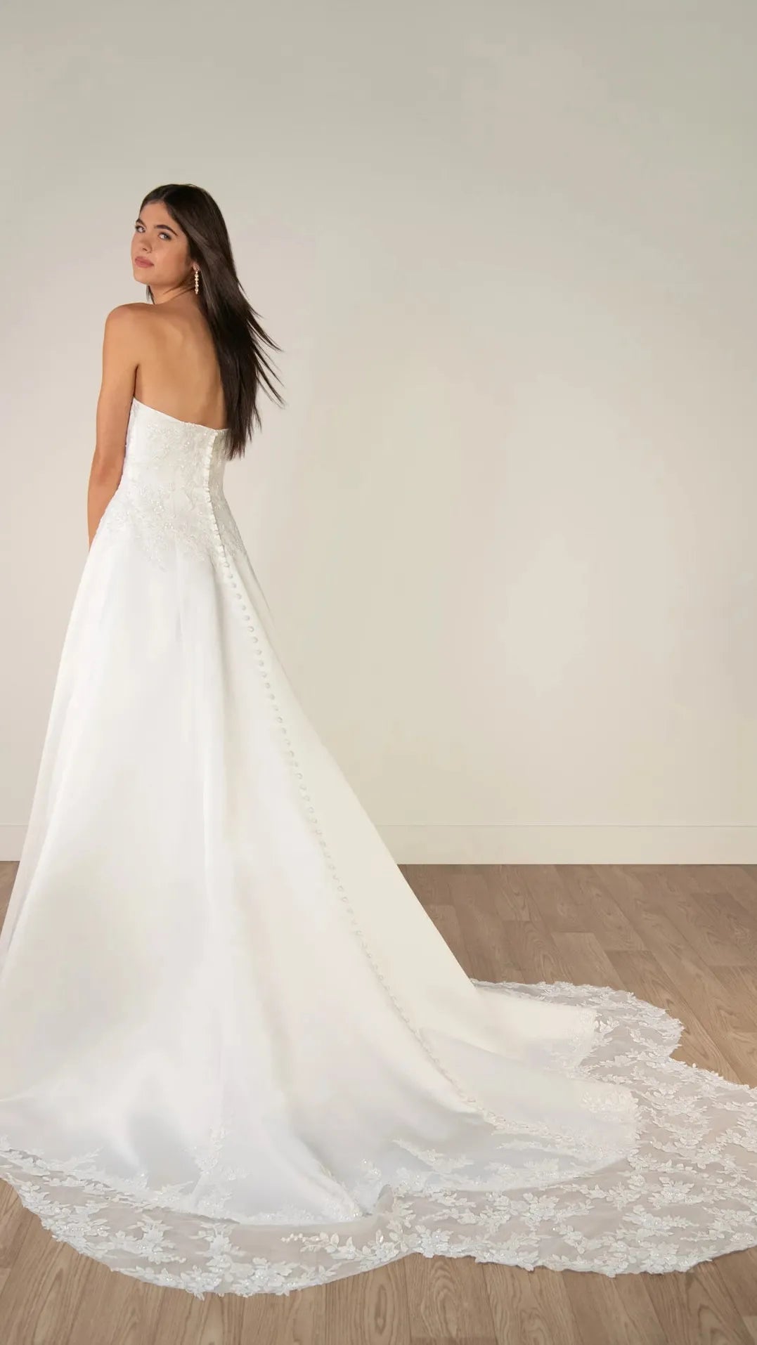 Strapless Lace and Grand Satin A-Line Wedding Gown with Scalloped Cutout Train Stella York SY8279