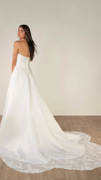 Strapless Lace and Grand Satin A-Line Wedding Gown with Scalloped Cutout Train Stella York SY8279