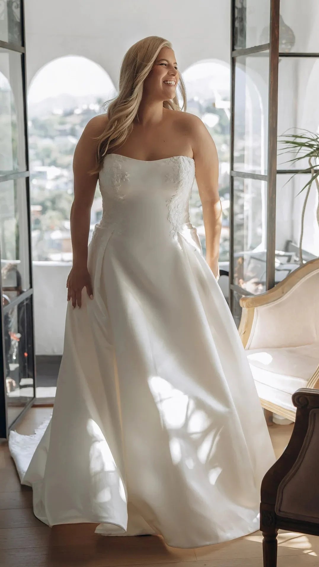 Strapless Lace and Grand Satin A-Line Wedding Gown with Scalloped Cutout Train Stella York SY8279