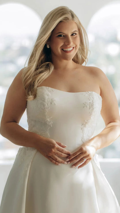 Strapless Lace and Grand Satin A-Line Wedding Gown with Scalloped Cutout Train Stella York SY8279