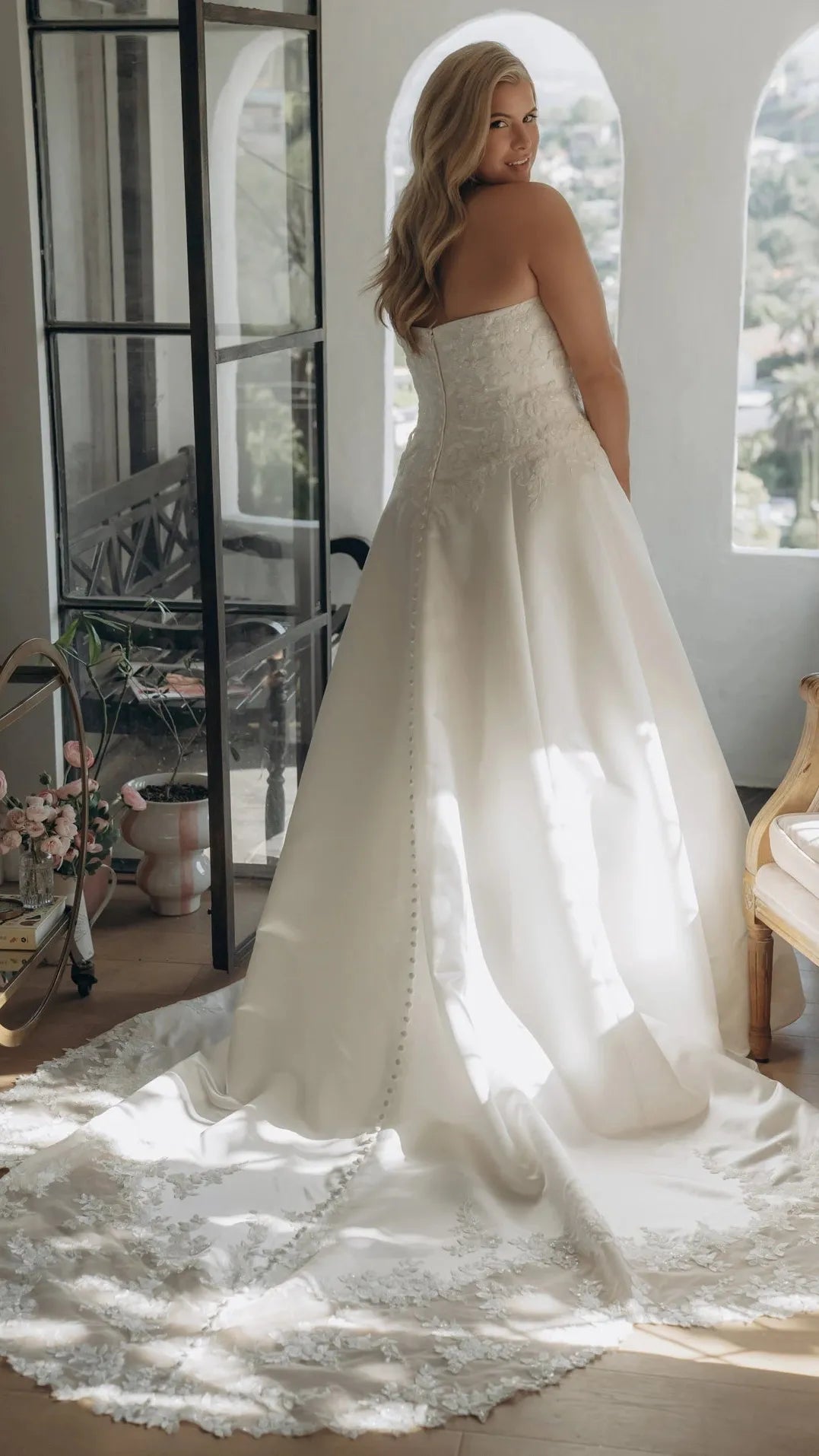Strapless Lace and Grand Satin A-Line Wedding Gown with Scalloped Cutout Train Stella York SY8279