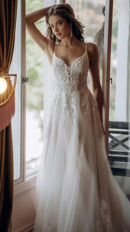 Beaded Lace and Tulle A-Line Wedding Gown SY8293