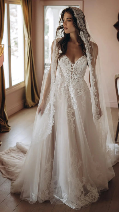 Beaded Lace and Tulle A-Line Wedding Gown Stella York SY8293