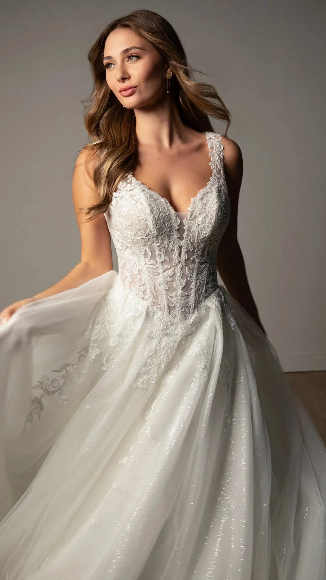 Sparkle Tulle and Lace A-Line Wedding Gown with Corset Bodice and Plunge V-Neckline Stella York SY8314
