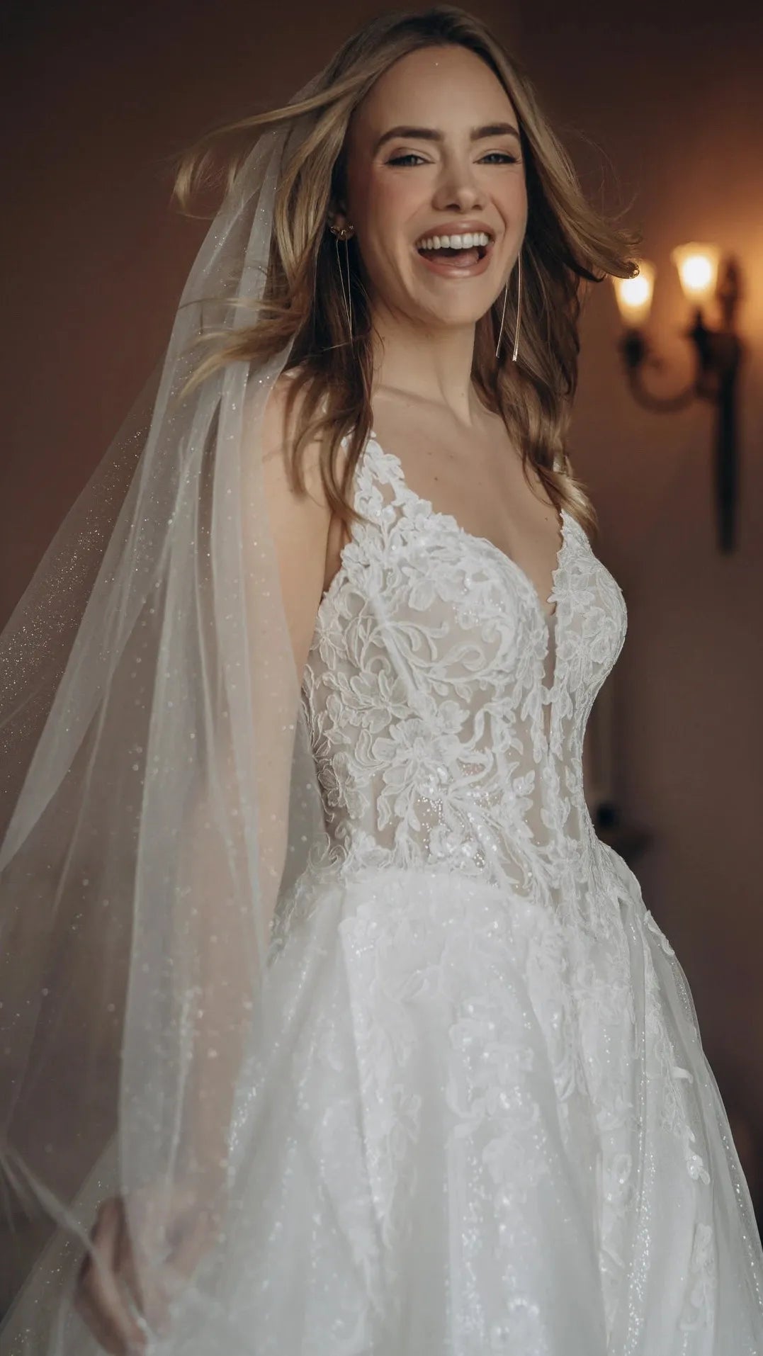Sparkle Tulle and Lace A-Line Wedding Gown with Corset Bodice and Plunge V-Neckline Stella York SY8314
