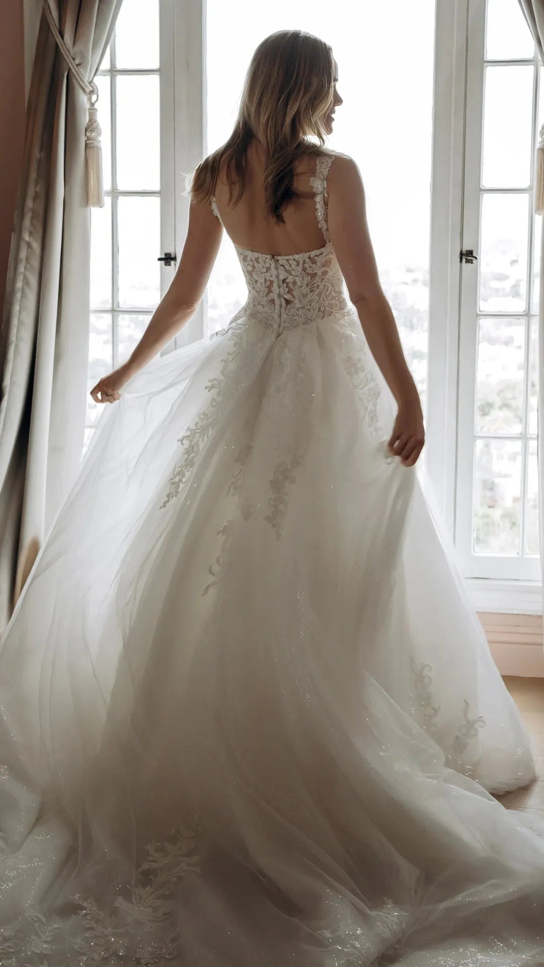 Sparkle Tulle and Lace A-Line Wedding Gown with Corset Bodice and Plunge V-Neckline Stella York SY8314