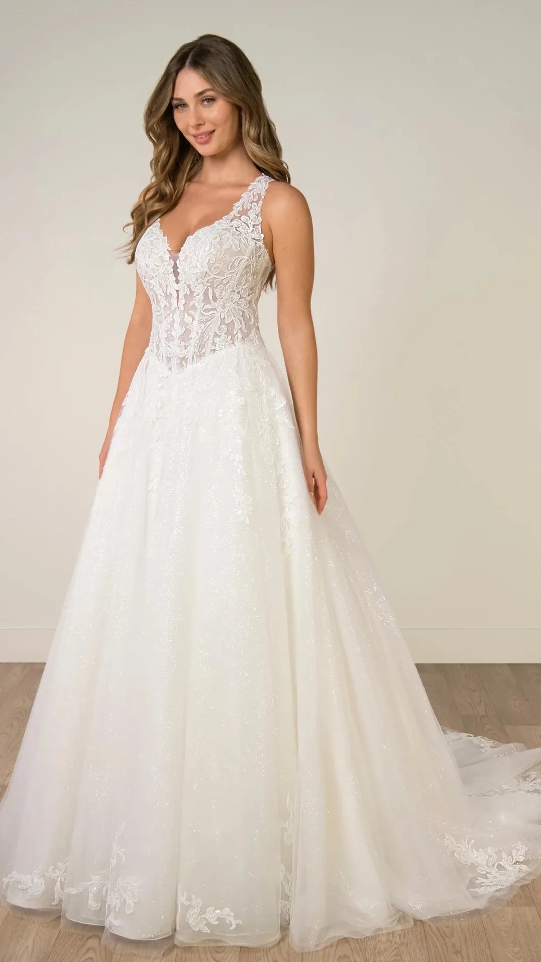 Sparkle Tulle and Lace A-Line Wedding Gown with Corset Bodice and Plunge V-Neckline Stella York SY8314