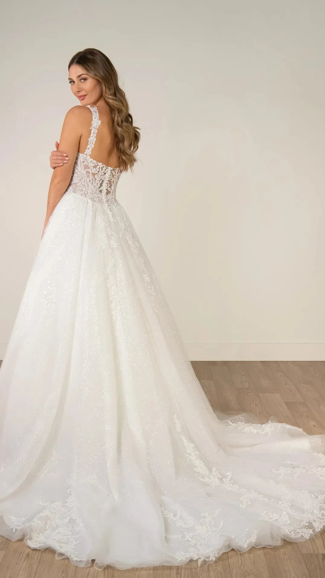 Sparkle Tulle and Lace A-Line Wedding Gown with Corset Bodice and Plunge V-Neckline Stella York SY8314