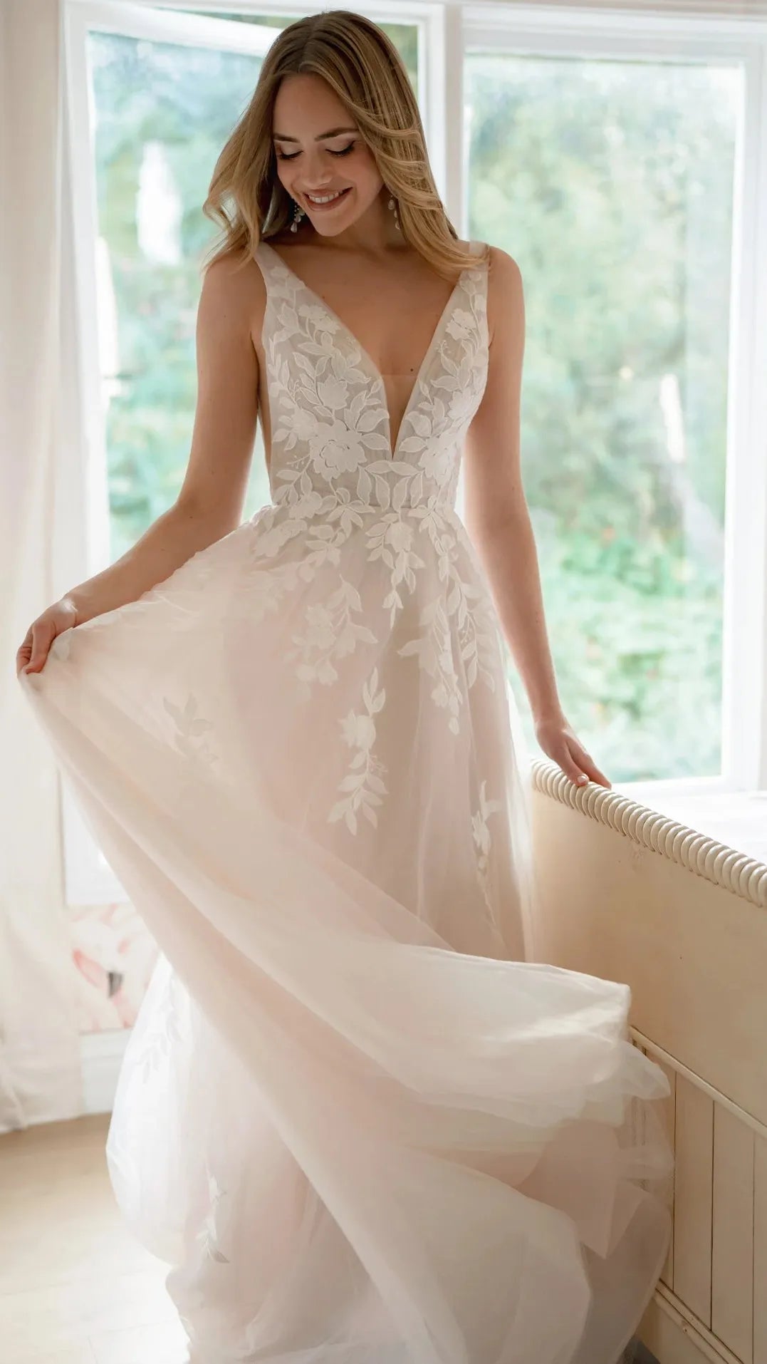 V-Neckline Lace and Tulle A-Line Wedding Gown with Plunge Illusion Details SY8316