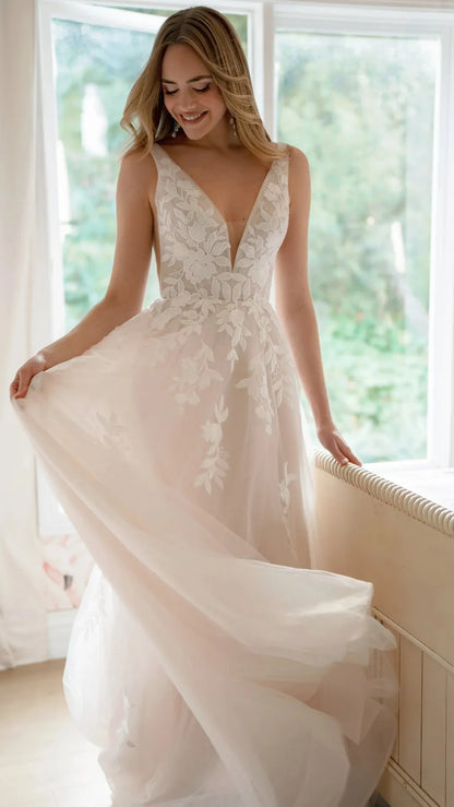 V-Neckline Lace and Tulle A-Line Wedding Gown with Plunge Illusion Details SY8316