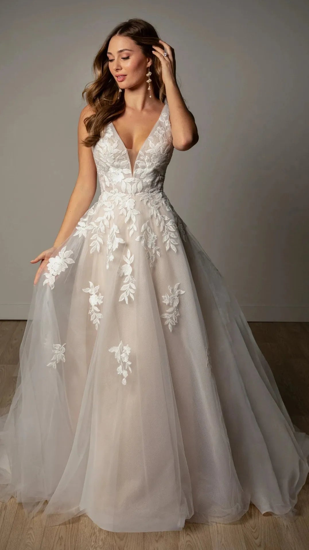 V-Neckline Lace and Tulle A-Line Wedding Gown with Plunge Illusion Details Stella York SY8316