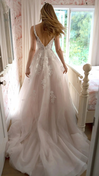 V-Neckline Lace and Tulle A-Line Wedding Gown with Plunge Illusion Details Stella York SY8316