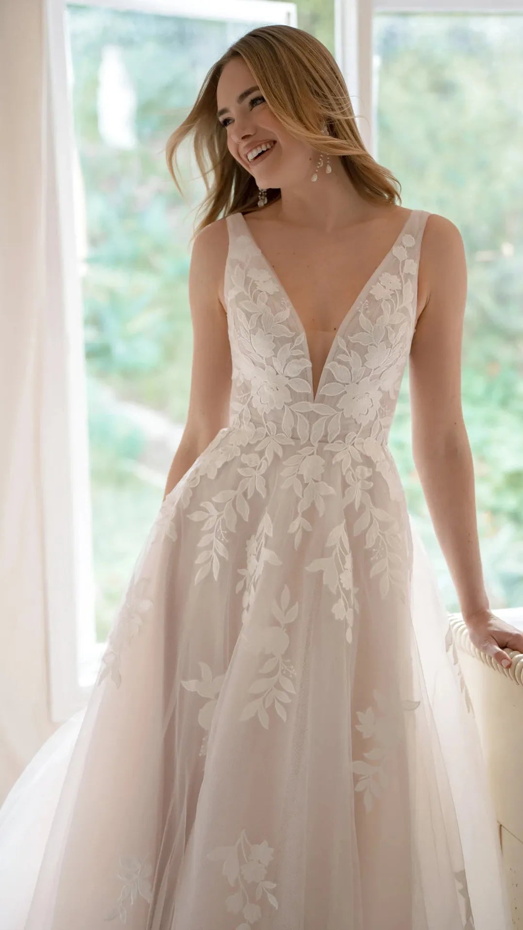 V-Neckline Lace and Tulle A-Line Wedding Gown with Plunge Illusion Details Stella York SY8316
