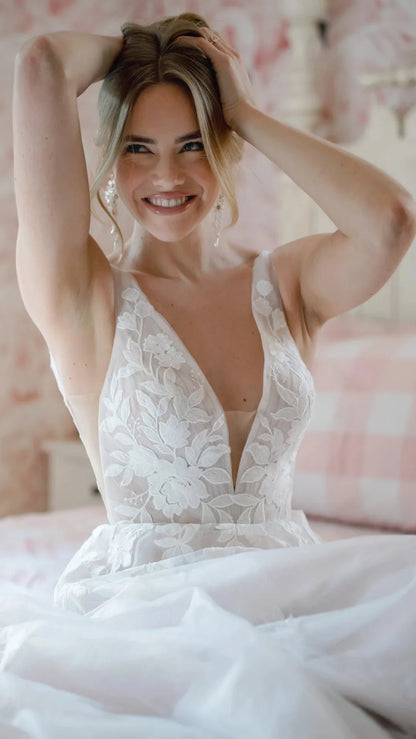 V-Neckline Lace and Tulle A-Line Wedding Gown with Plunge Illusion Details Stella York SY8316