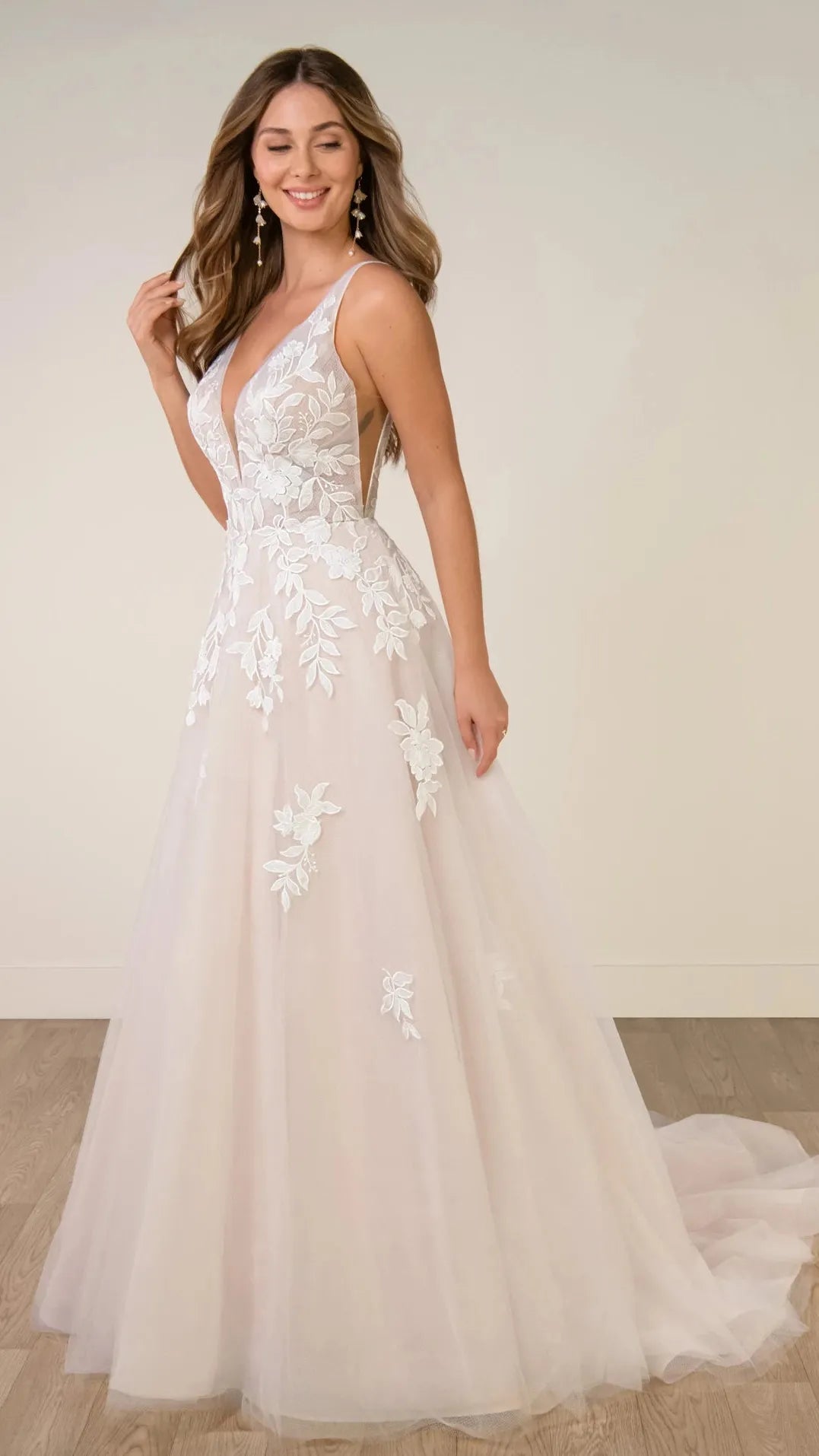 V-Neckline Lace and Tulle A-Line Wedding Gown with Plunge Illusion Details Stella York SY8316