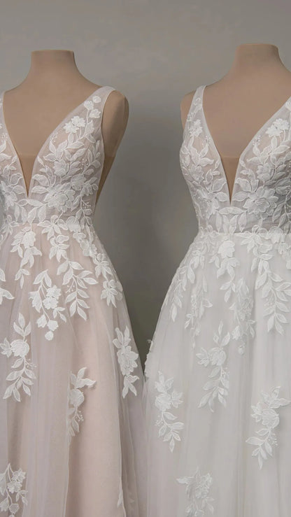 V-Neckline Lace and Tulle A-Line Wedding Gown with Plunge Illusion Details Stella York SY8316