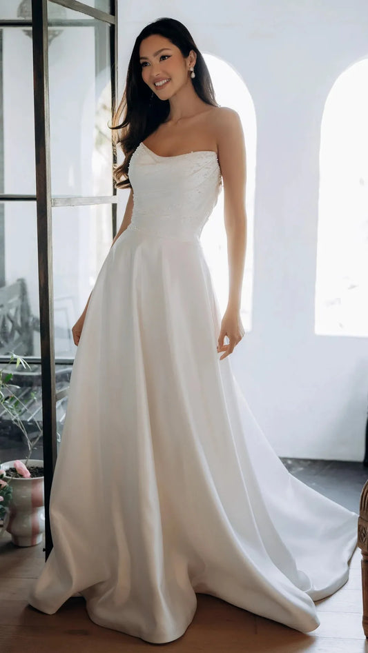 Strapless Satin A-Line Wedding Gown with Pearlescent Beading and Pockets SY8318