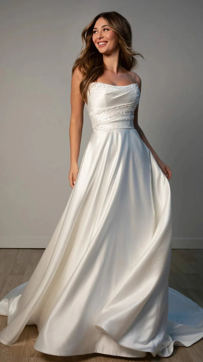 Strapless Satin A-Line Wedding Gown with Pearlescent Beading and Pockets SY8318