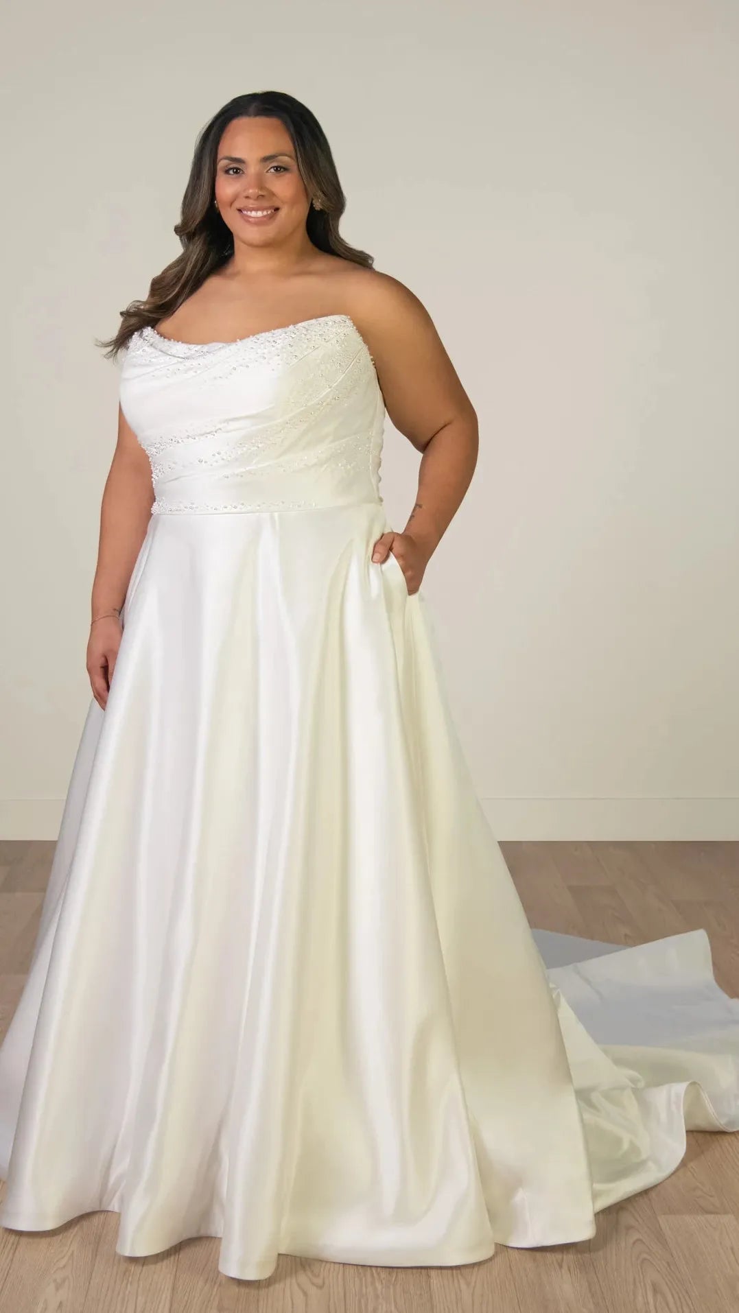 Strapless Satin A-Line Wedding Gown with Pearlescent Beading and Pockets SY8318