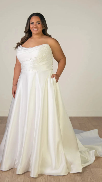 Strapless Satin A-Line Wedding Gown with Pearlescent Beading and Pockets SY8318