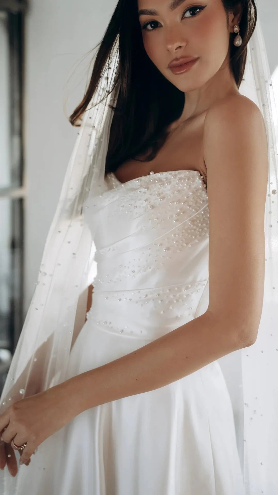 Strapless Satin A-Line Wedding Gown with Pearlescent Beading and Pockets SY8318