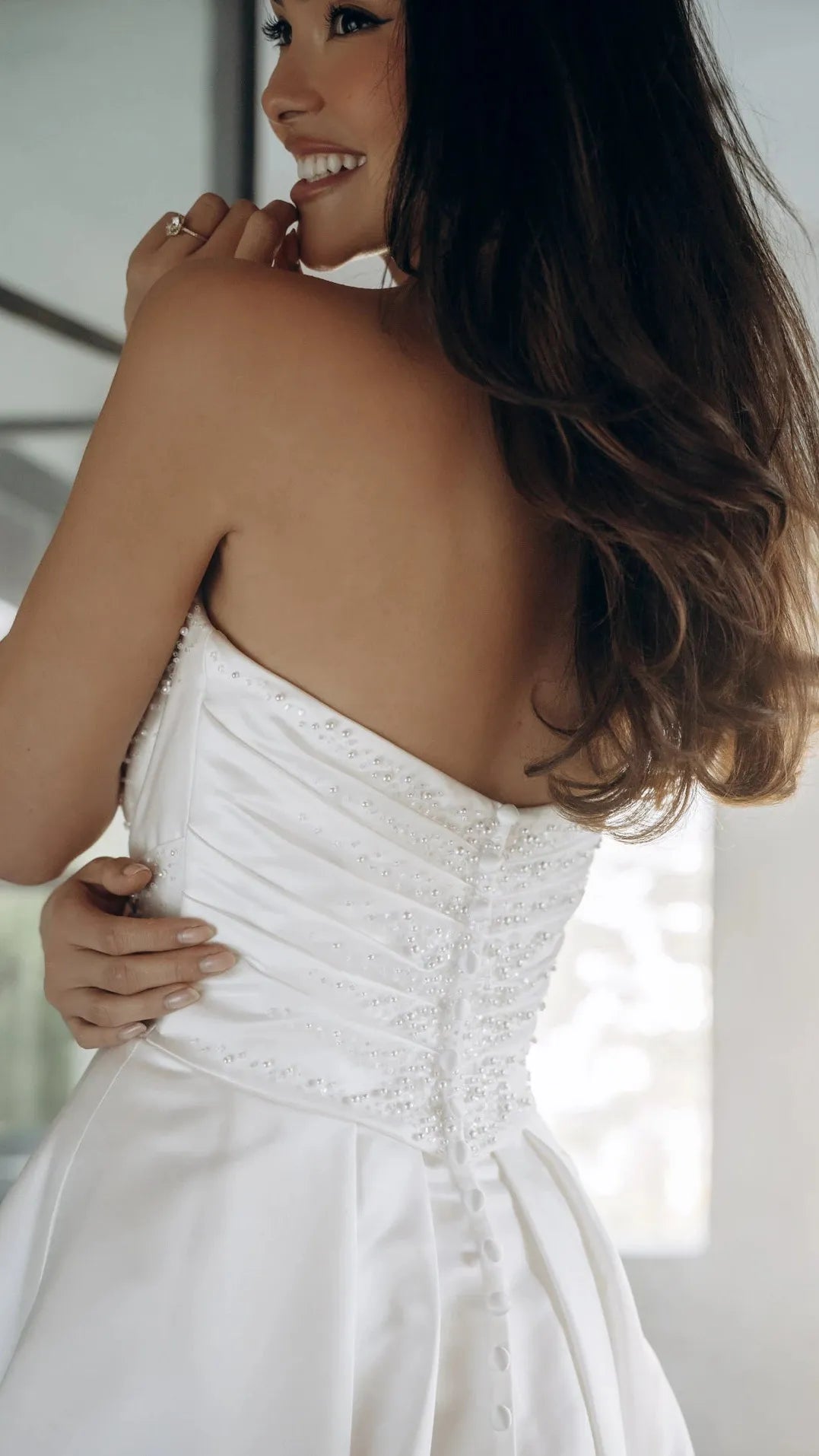 Strapless Satin A-Line Wedding Gown with Pearlescent Beading and Pockets SY8318