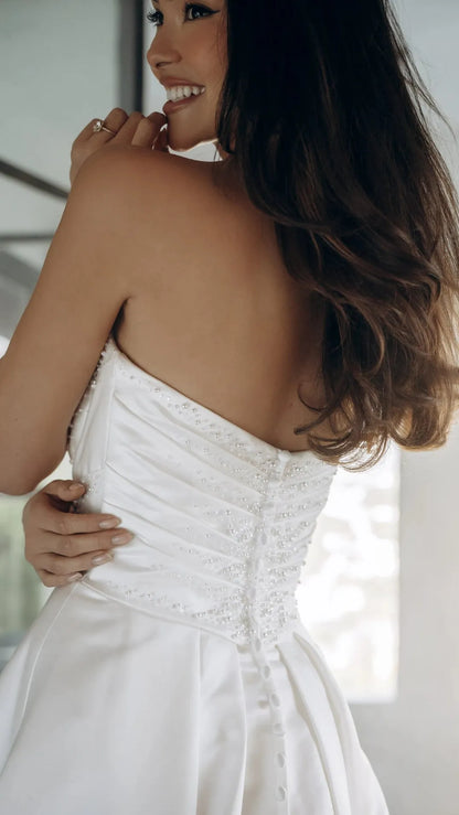 Strapless Satin A-Line Wedding Gown with Pearlescent Beading and Pockets SY8318
