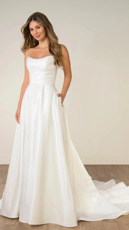 Strapless Satin A-Line Wedding Gown with Pearlescent Beading and Pockets SY8318