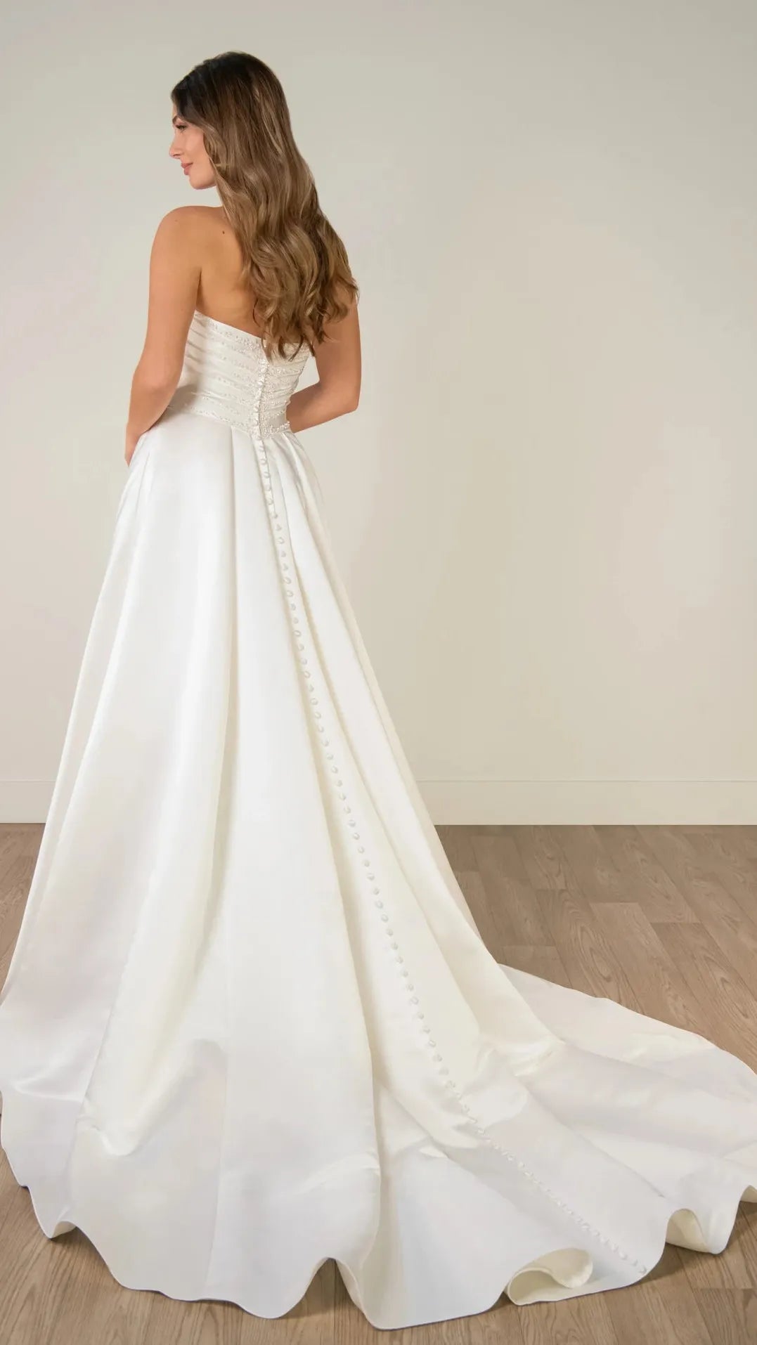 Strapless Satin A-Line Wedding Gown with Pearlescent Beading and Pockets SY8318
