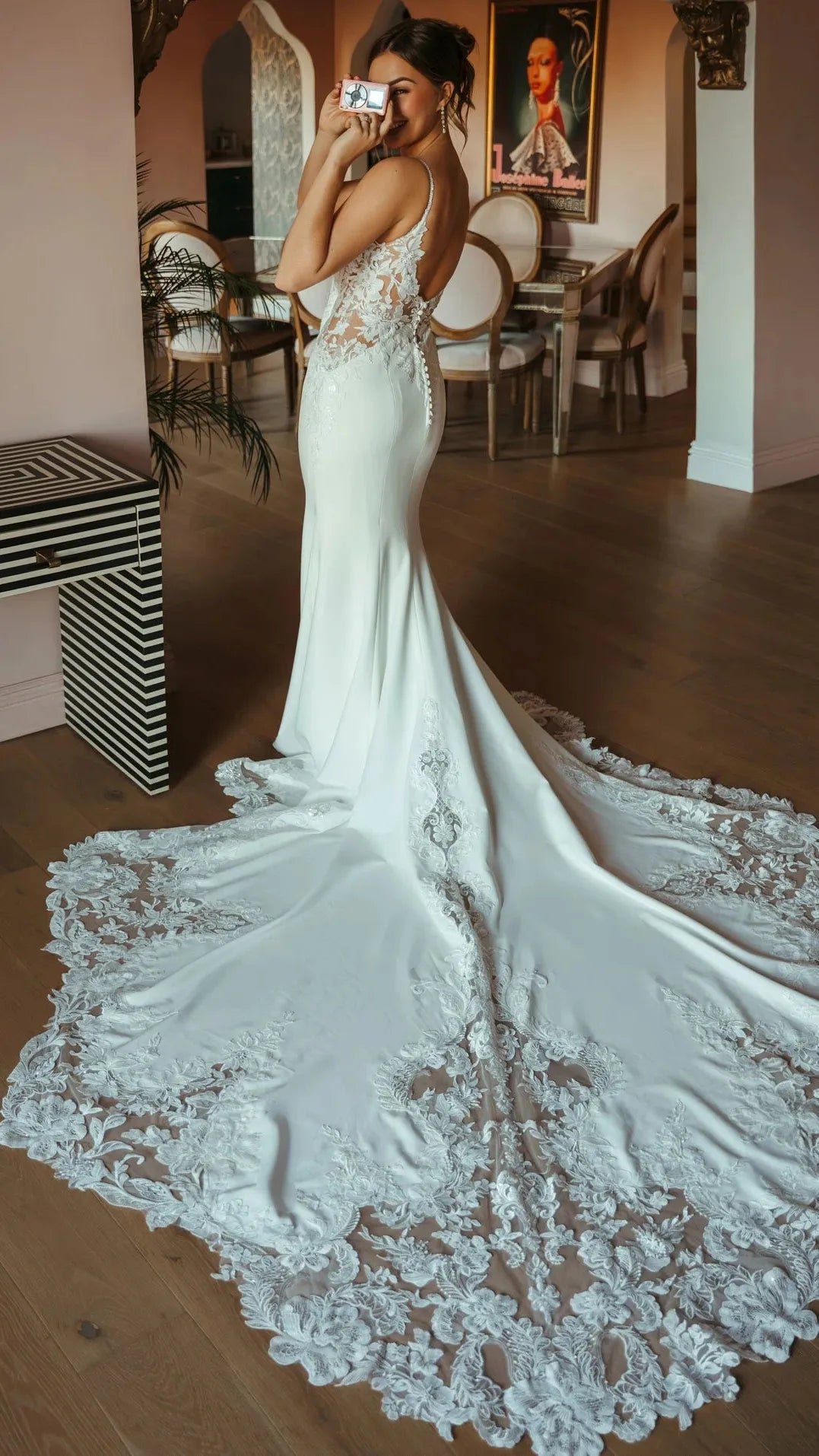 Romantic Lace and Crepe Sheath Wedding Gown with Illusion Side Cutouts SY8340