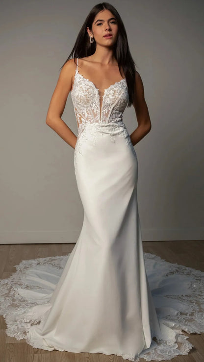 Romantic Lace and Crepe Sheath Wedding Gown with Illusion Side Cutouts Stella York SY8340