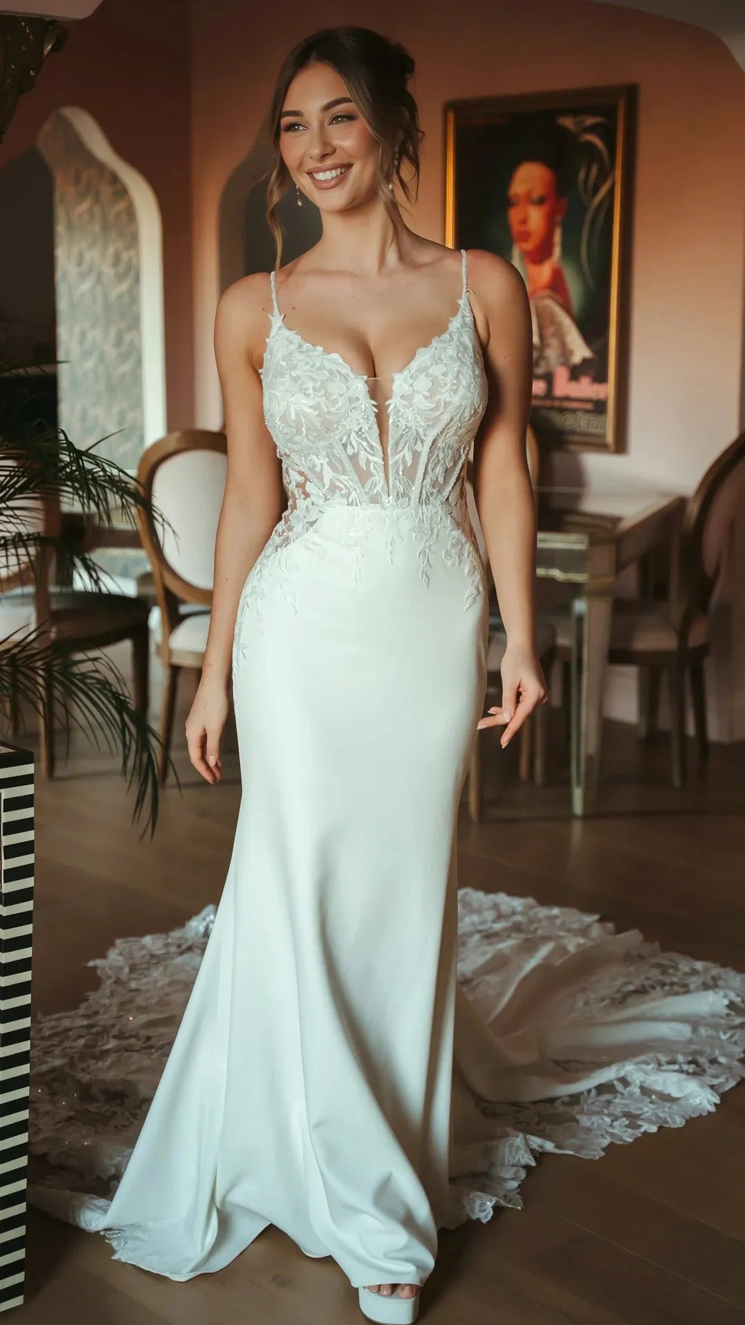 Romantic Lace and Crepe Sheath Wedding Gown with Illusion Side Cutouts Stella York SY8340