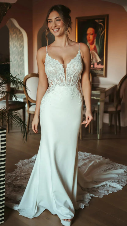 Romantic Lace and Crepe Sheath Wedding Gown with Illusion Side Cutouts Stella York SY8340