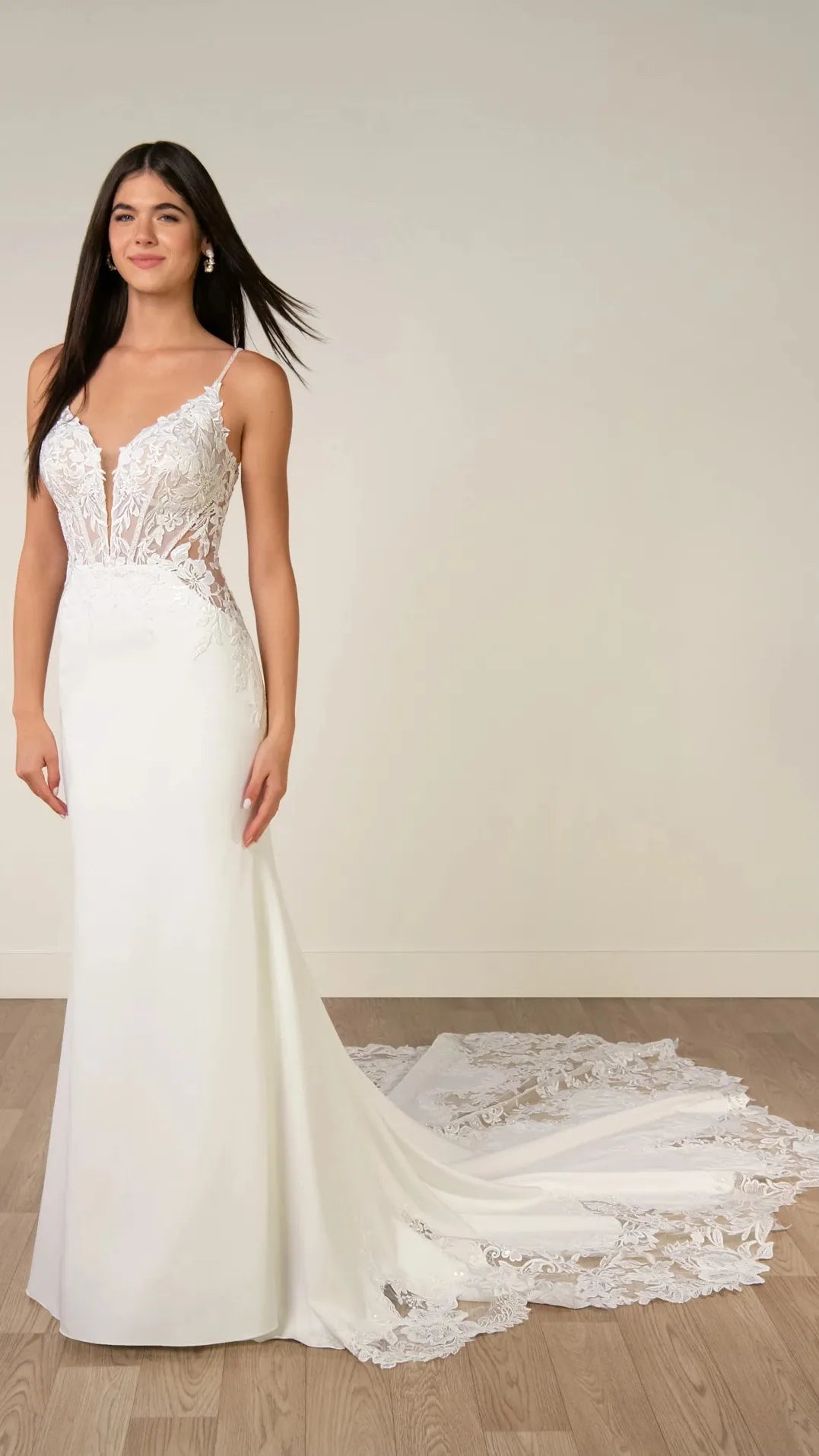 Romantic Lace and Crepe Sheath Wedding Gown with Illusion Side Cutouts Stella York SY8340