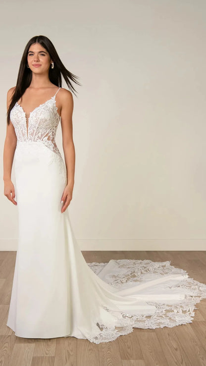 Romantic Lace and Crepe Sheath Wedding Gown with Illusion Side Cutouts Stella York SY8340