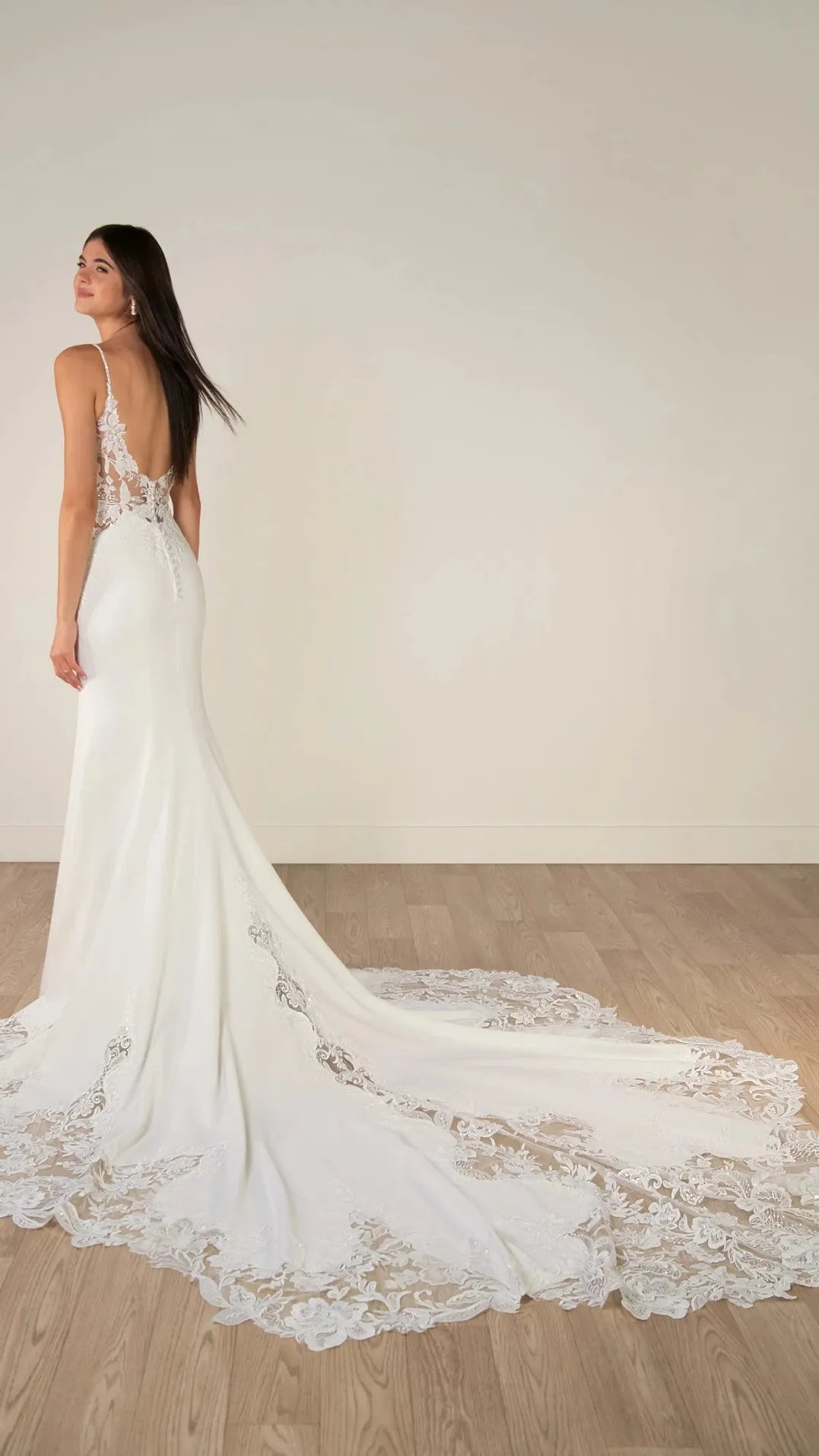 Romantic Lace and Crepe Sheath Wedding Gown with Illusion Side Cutouts Stella York SY8340