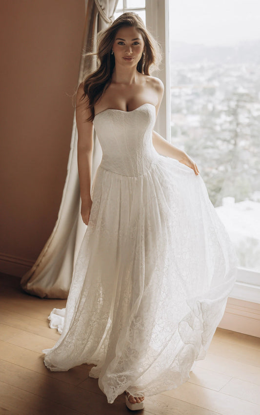 Allover Lace A-Line Wedding Gown with Sweetheart Neckline and Scalloped Train