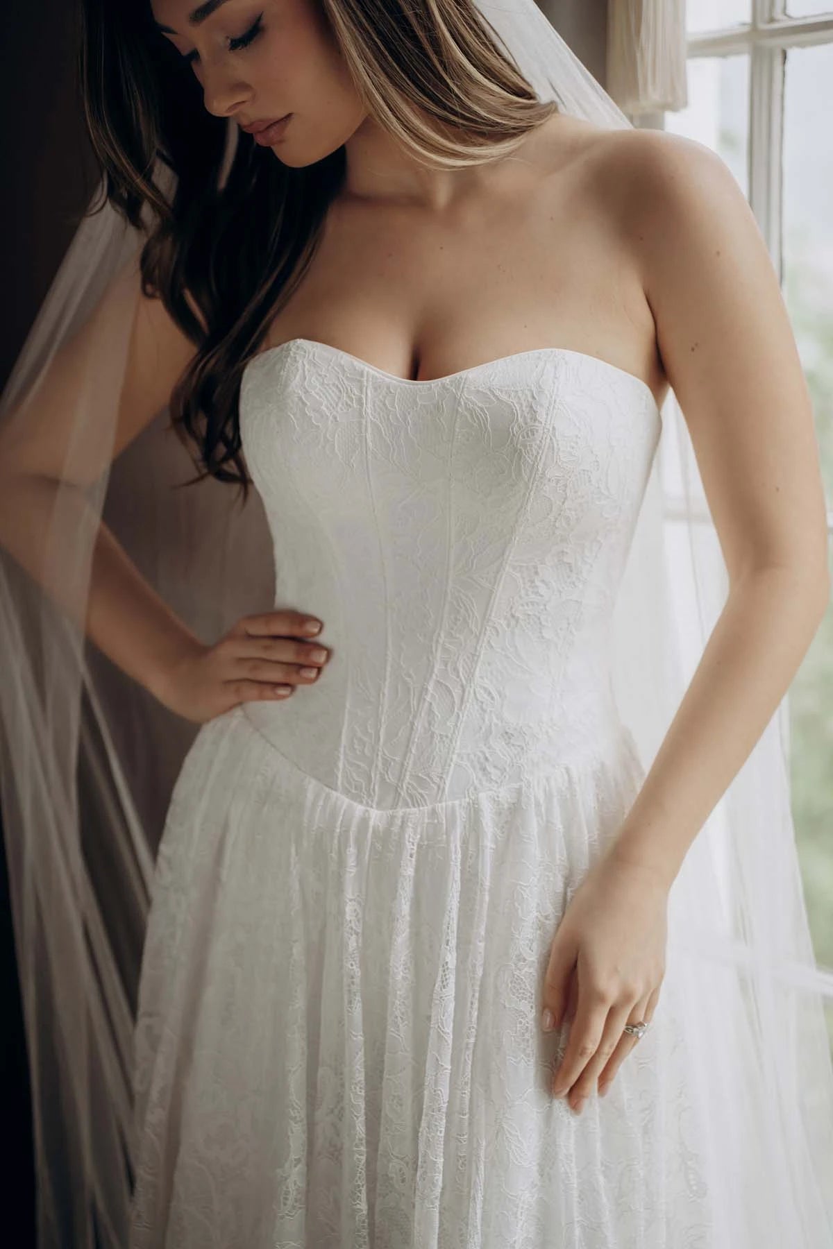 Allover Lace A-Line Wedding Gown with Sweetheart Neckline and Scalloped Train
