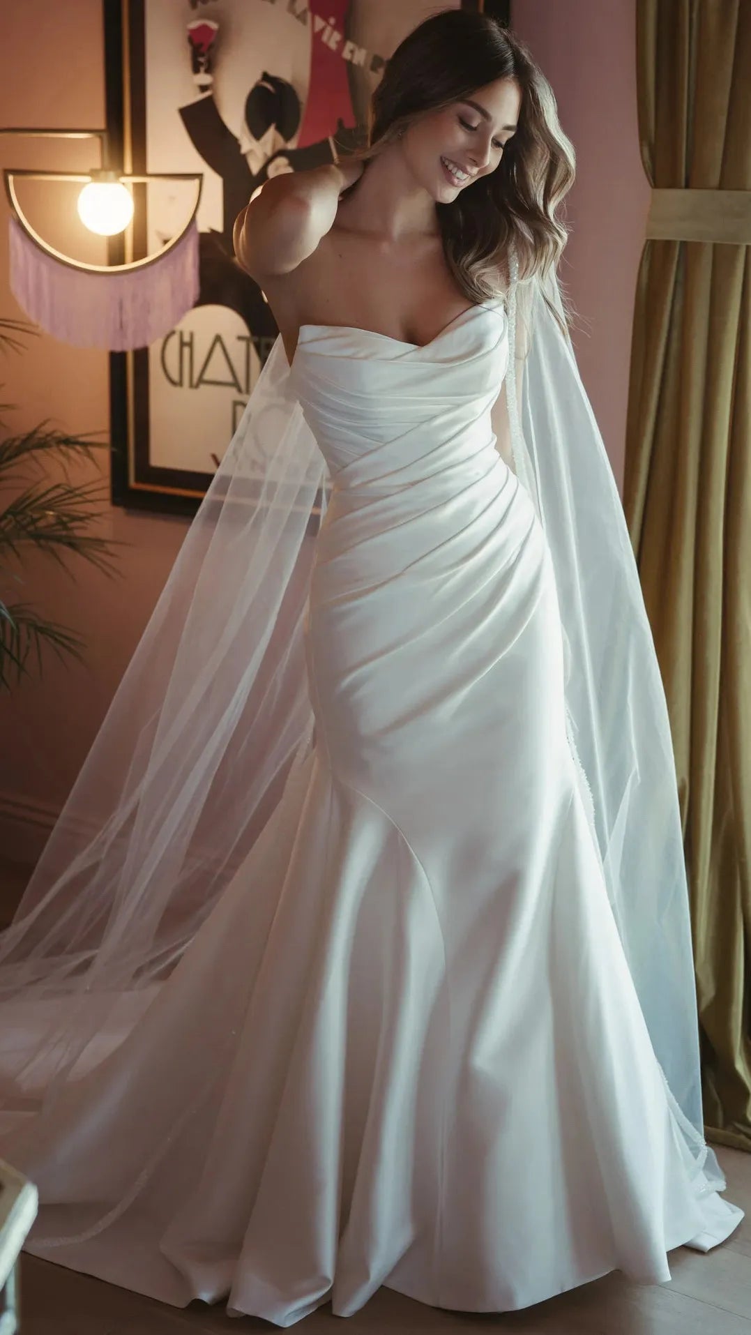Strapless Mikado Fit-and-Flare Wedding Gown with Ruched Bodice SY8346